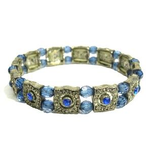 Blue Rhinestone Bracelet Stretch Silver Tone Blue Acrylic Beaded Square Panel